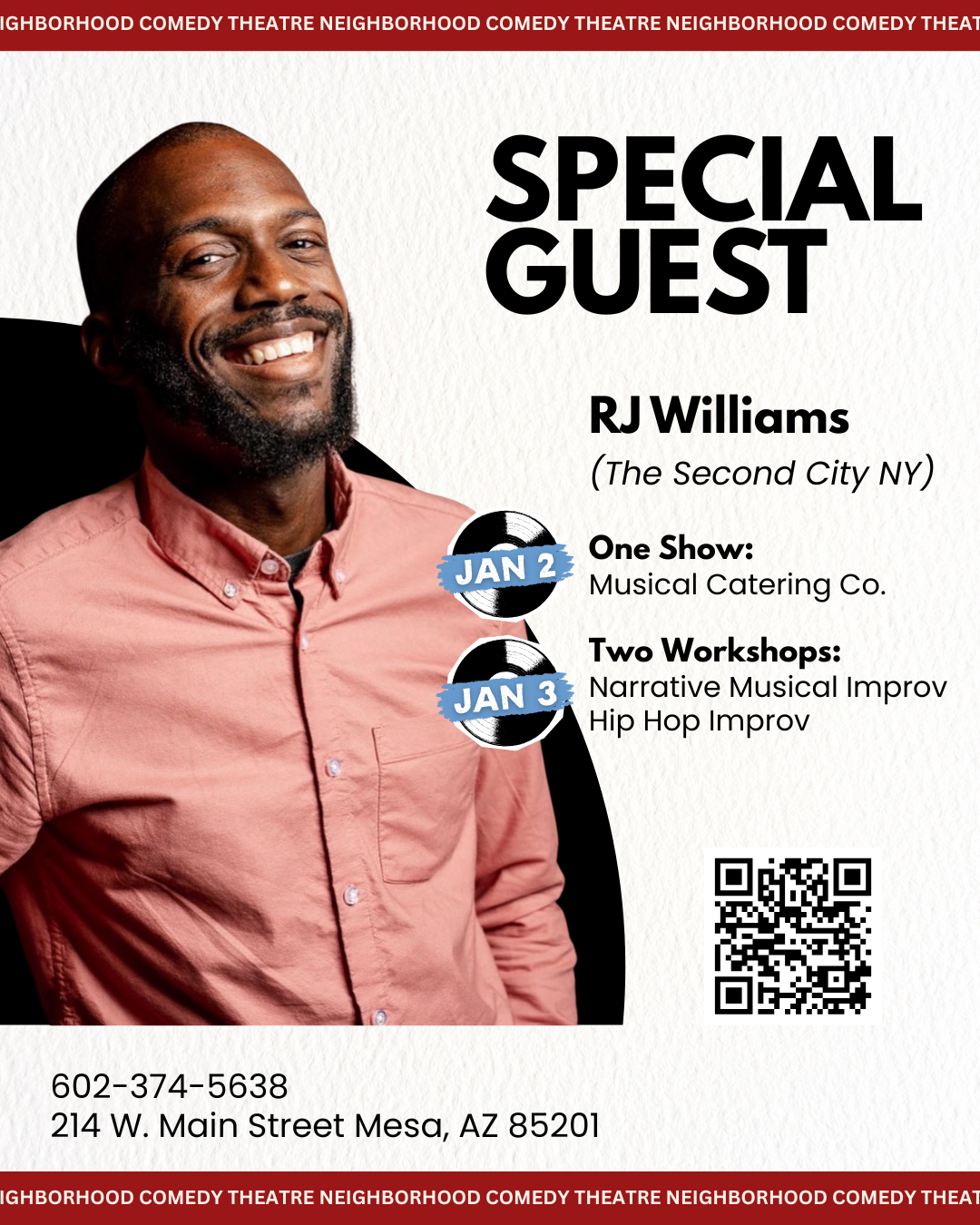 RJ Williams is a guest performer and Teacher at the Neighborhood comedy theatre in downtown mesa