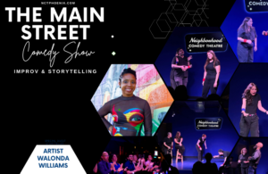 Walonda Williams (Nova Baize) is a storytell at the Neighborhood Comedy theatre's main street show.