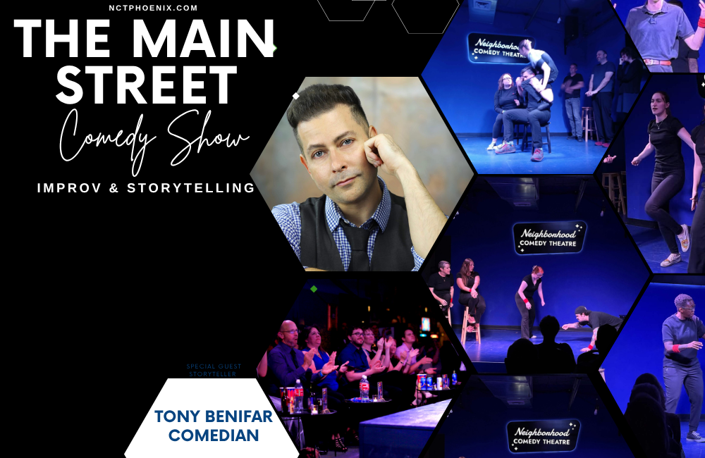 Tony Benifar is a storyteller at the main street comedy show in historic downtown mesa