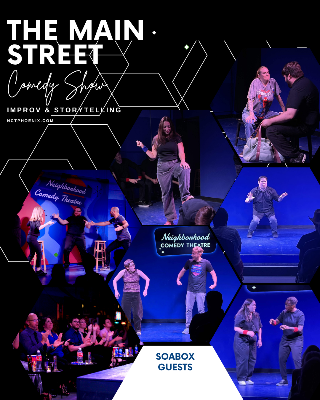 Improv students performing a Harold long-form scene on stage at the Neighborhood Comedy Theatre in downtown Mesa