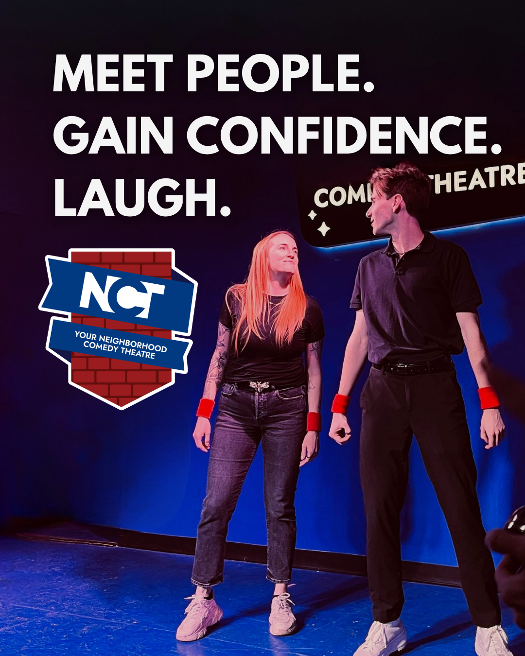 Improv students performing a Harold long-form scene on stage at the Neighborhood Comedy Theatre in downtown Mesa