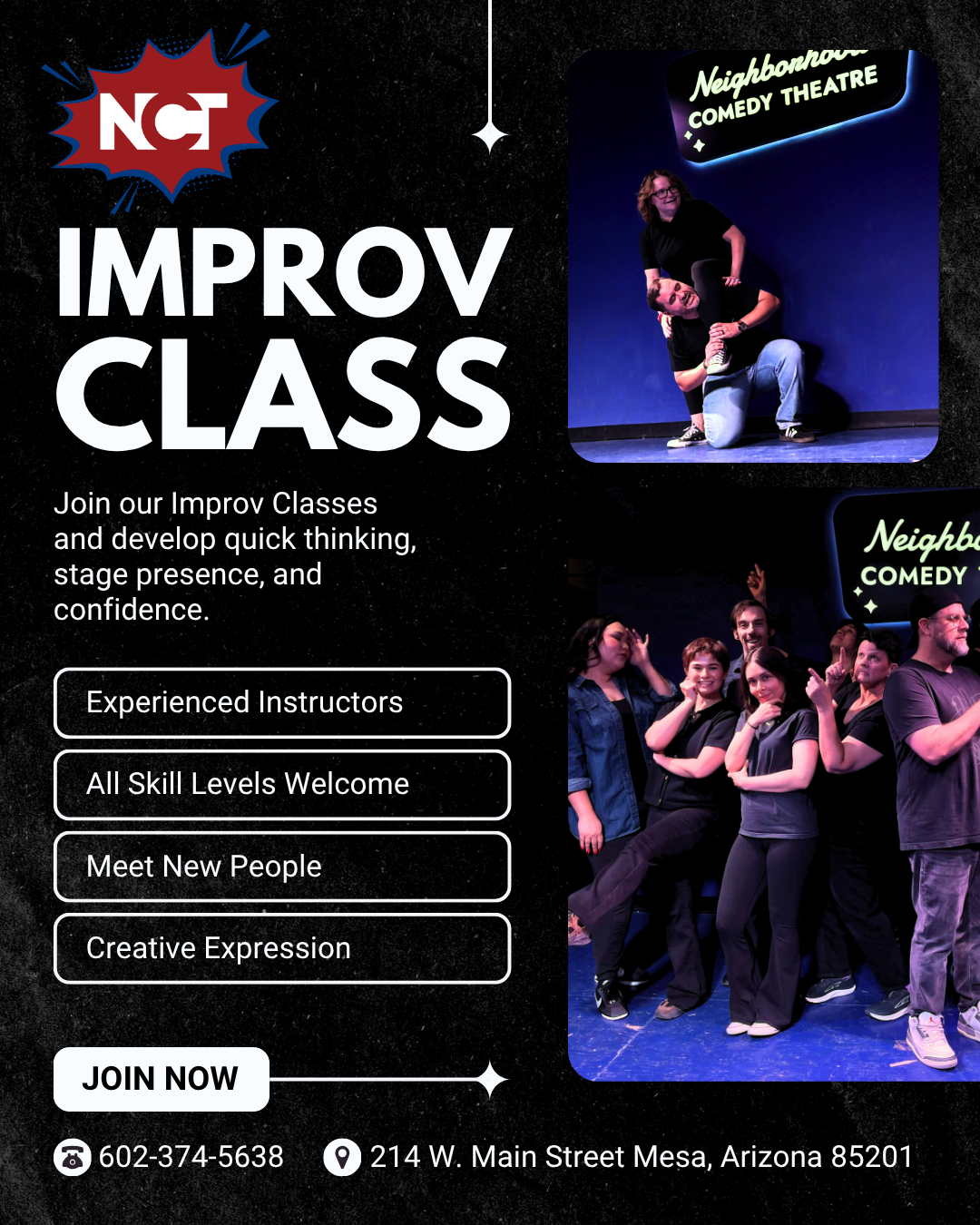 Improv students performing a Harold long-form scene on stage at the Neighborhood Comedy Theatre in downtown Mesa